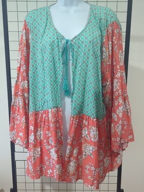Tolani Mint & Coral Geometric Print Blouse